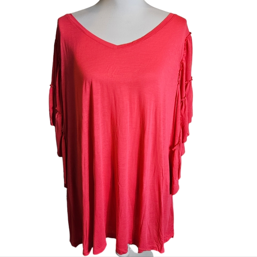 Sejour Hot Pink Tunic Blouse Sz 2X Wide Ruffle Sleeves Pullover Top Shirt Casual